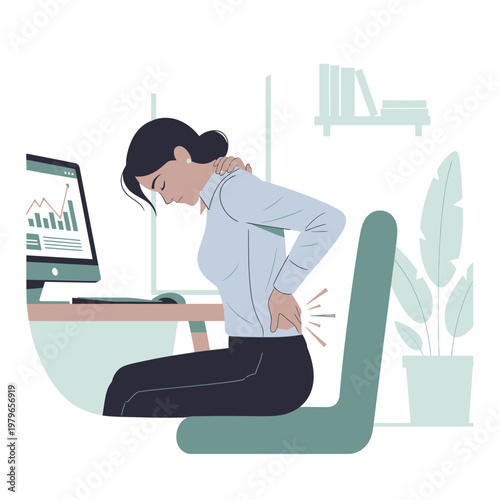 Woman suffering from back and neck pain while working at a computer desk