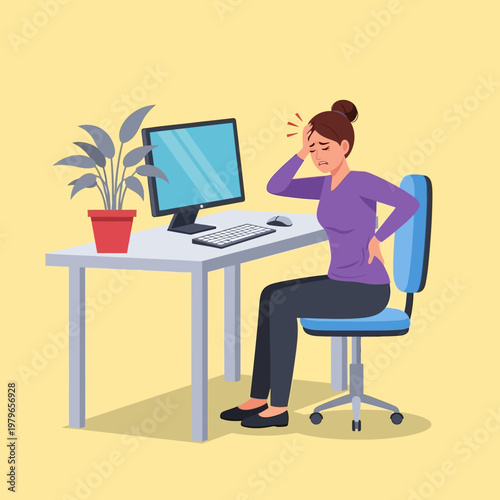 Woman suffering from back pain and headache while working at a computer desk