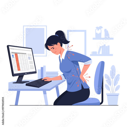 Woman suffering from back and neck pain while working at a computer desk