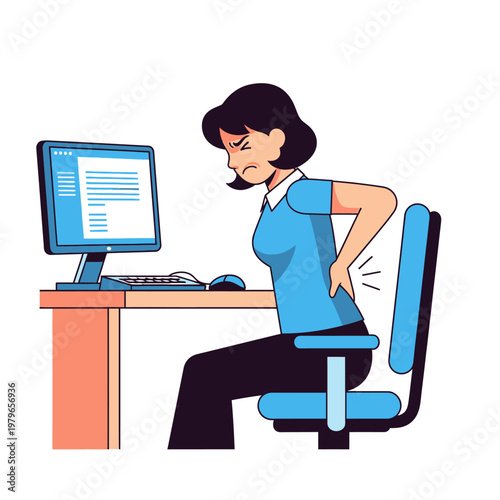 Woman suffering from back pain while sitting at office desk with computer