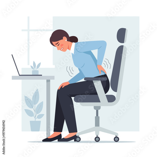 Woman suffering from back pain while sitting at office desk with laptop