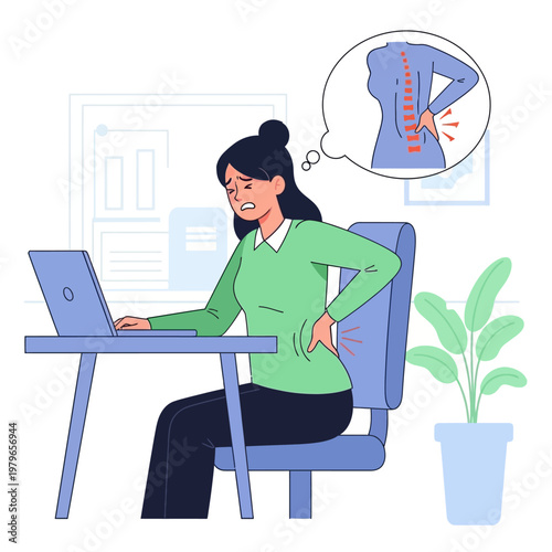Woman suffering from back pain while working at a computer, office posture problem