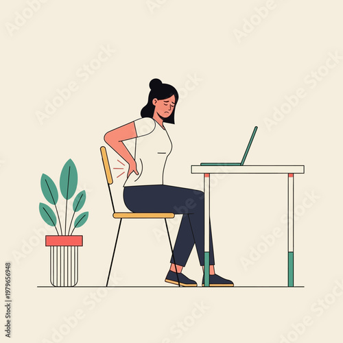 Woman suffering from back pain while working at a desk with a laptop