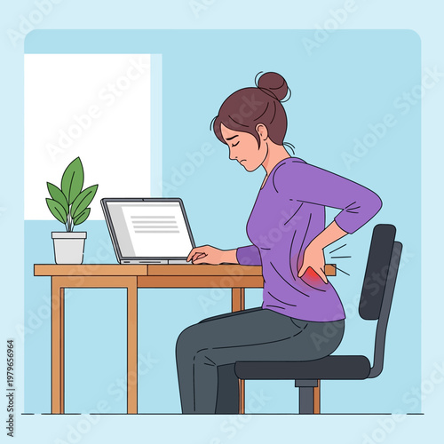 Woman suffering from back pain while working on laptop at desk