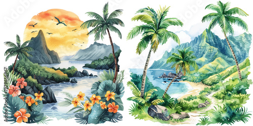 hawaiian lanscape watercolor vector illustration