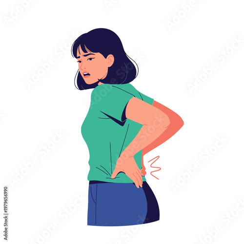 Woman suffering from lower back pain, holding her aching back with a pained expression.