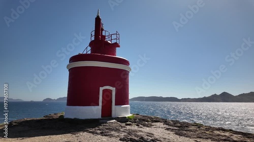 View of the Lighthouse in Cape Home, Pontevedra, Atlantic Ocean, Galicia, Spain, beautiful seascape on a bright sunny day