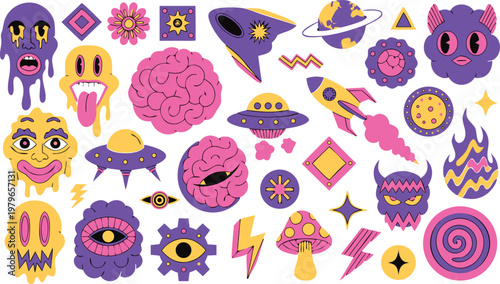 Psychedelic Retro Space and Alien Icons with Groovy Cartoon Style