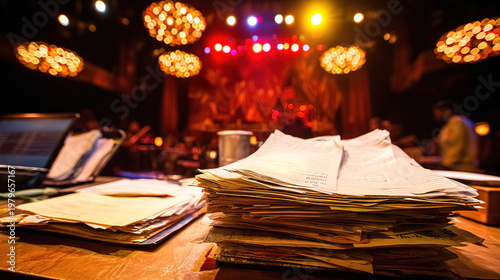 backstage. A table in the wings of a stage, stacked with bound scripts under dramatic lighting. event programs, museum guides, designed for cultural heritage projects and event programs.

