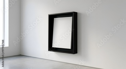 Modern 3D Floating Black Box Frame Mockup on White Gallery Wall, Contemporary Art Exhibition Interior with Minimalist Design and Neutral Lighting
