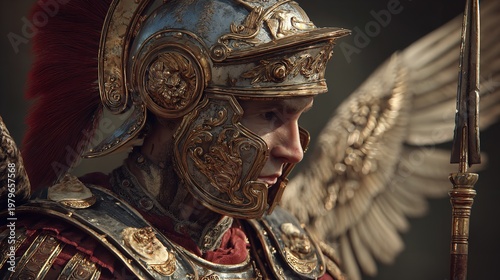 Detailed depiction of a Roman soldier in ornate armor with wings attached.