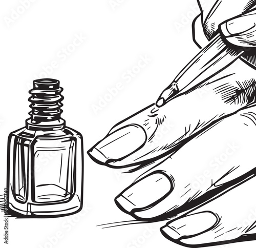 Black and white nail polish application vector illustration with hand brush and bottle design