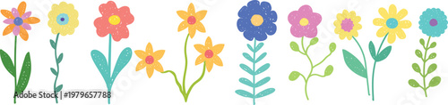 Colorful hand drawn spring flower set vector. Cute cartoon wildflowers including tulip, daisy, bluebell and poppy with stems and leaves, perfect for seasonal and nature designs.