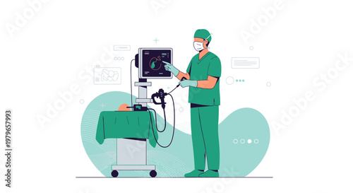 Surgeon Performing Laparoscopic Surgery with Advanced Medical Equipment in Operating Room