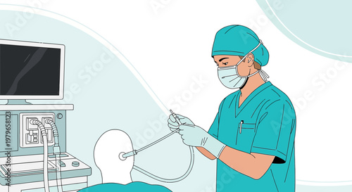 Surgeon Performing Minimally Invasive Neurosurgery with Endoscope and Monitor