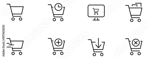 Minimalist shopping cart and basket line icons set black thin stroke graphics for ecommerce store