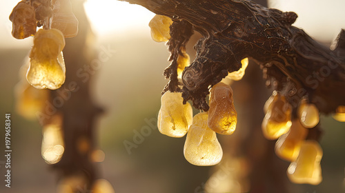 secretion. Close-up of frankincense tree bark with teardrop-shaped resin droplets glinting. gardening catalogs, home-decor guides, designed for gardening and botanical catalogs, used by clinicians.
