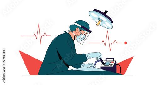 Surgeon Performing Operation in Modern Operating Room with EKG Monitor