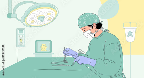 Surgeon Performing Operation in Modern Operating Room with Medical Equipment