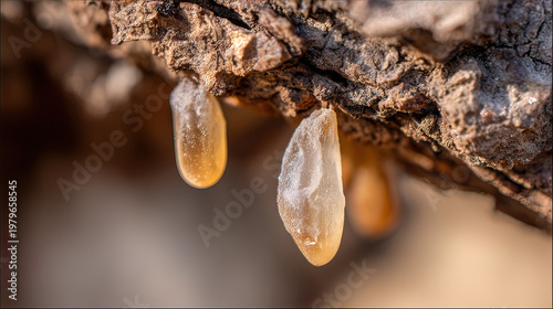 secretion. Close-up of frankincense tree bark with teardrop-shaped resin droplets glinting. gardening catalogs, home-decor guides, designed for gardening and botanical catalogs, used by clinicians.

