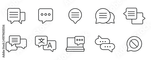 Speech Bubble Icon Set for Chat Communication, Language Translation, Online Support, Messaging App, Laptop Feedback, and Social Media Conversation