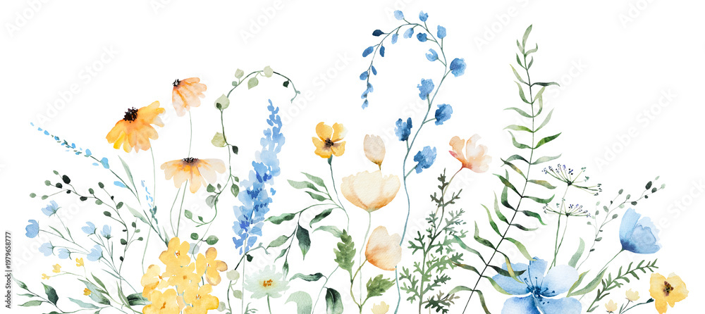 Naklejka premium Floral border with yellow and blue watercolor wildflowers and leaves, hand drawn wedding illustration