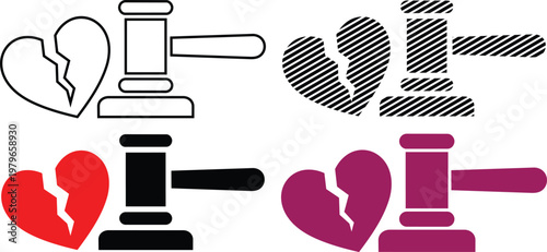 Broken heart and gavel vector illustration symbolizing divorce or legal separation, in various colors and styles.