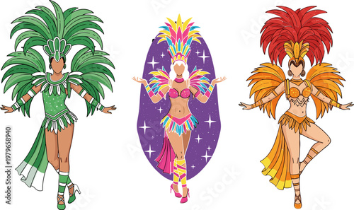 Carnival Dancer Costume Set with Vibrant Feathers and Colorful Outfits for Festivals, Parades, and Cultural Celebrations