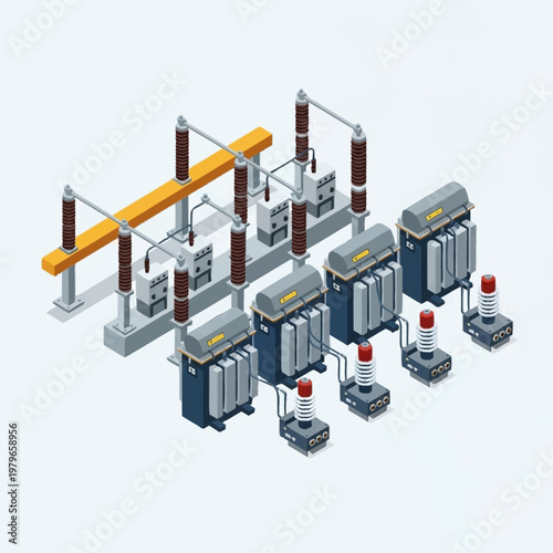 Isometric illustration of industrial electrical substation equipment.