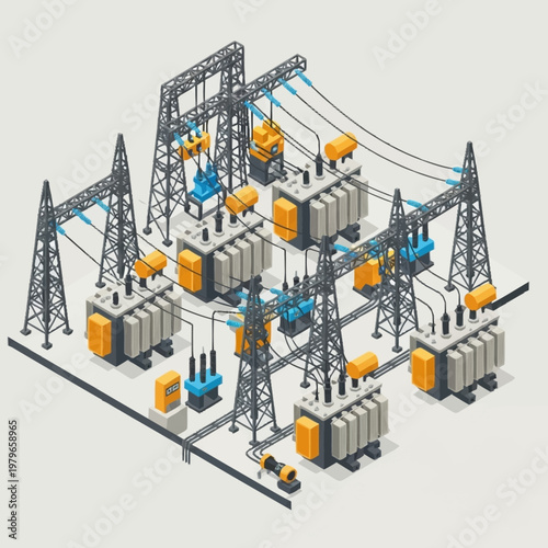 Isometric illustration of electrical power transmission towers and substation equipment.