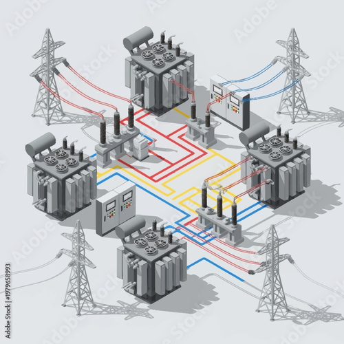 Electric power transmission substation system with multiple transformers and power lines.