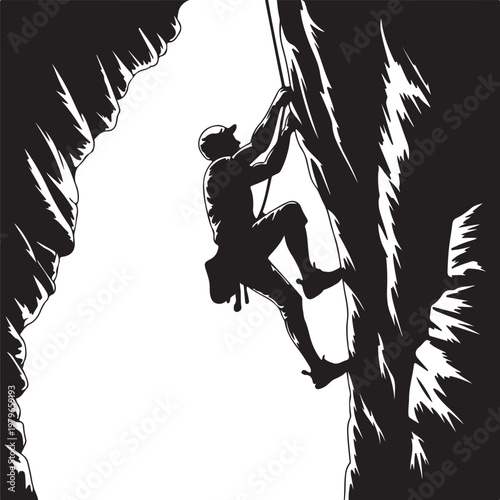 Rock climber silhouette ascending steep cliff in high contrast engraving style
