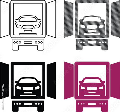 Car transporter truck with car inside icons in four styles.