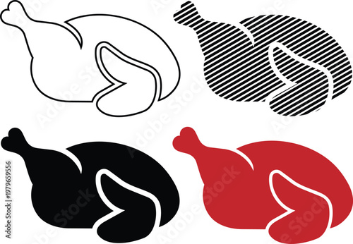Collection of roast chicken icons in outline, hatched, solid black and red styles.