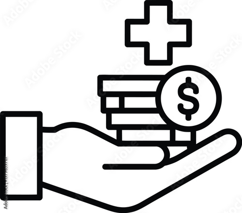 Health insurance icon hand holding coins under medical cross symbol representing healthcare cost coverage savings concept