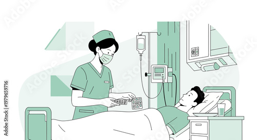 Nurse Administering Medication to Patient in Hospital Room