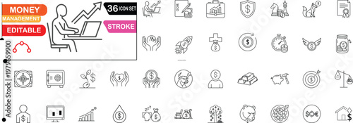 Money Management and Financial Growth Line Icon Set, Business Investment Strategy, Personal Finance, Banking, Wealth Savings and Revenue Capital Outline Vector Elements, Editable Stroke illustration