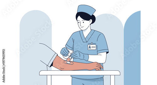 Nurse administering injection to patient's arm on medical table, healthcare concept