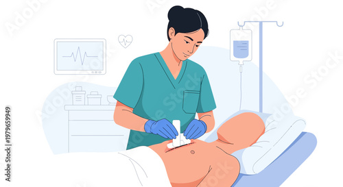 Nurse Administering Injection to Patient's Back with IV Drip and Monitor