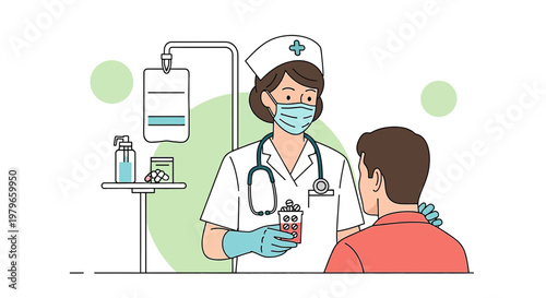 Nurse Administering IV Drip and Medication to Patient in Hospital Room