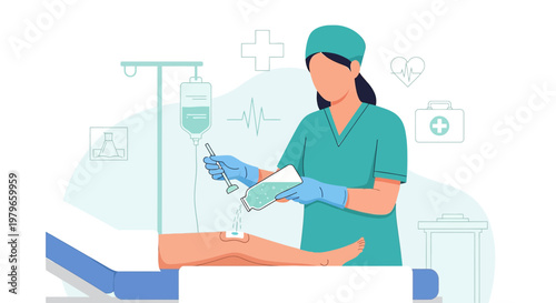 Nurse Administering IV Drip and Wound Care to Patient in Hospital Bed
