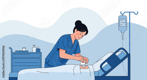 Nurse Administering IV Drip and Wound Care to Patient in Hospital Bed