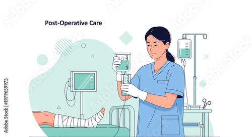 Nurse Administering IV Drip for Post-Operative Patient with Bandaged Leg