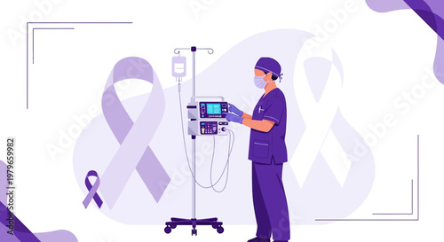 Nurse Administering IV Drip Near Patient Monitoring Machine with Purple Ribbons