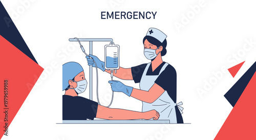 Nurse Administering IV Drip to Patient in Emergency Room, Medical Care Concept