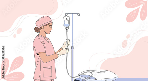 Nurse Administering IV Drip in Hospital Room, Medical Care Concept