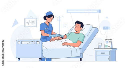 Nurse Administering IV Drip to Patient in Hospital Bed, Medical Care Illustration