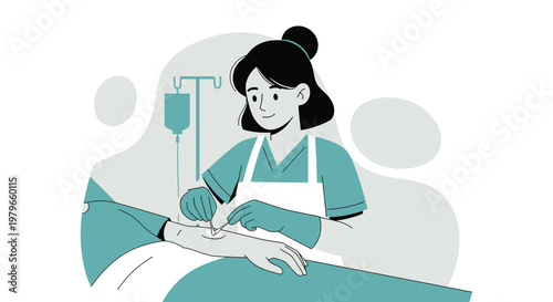 Nurse Administering IV Drip to Patient in Hospital Bed, Medical Care Concept