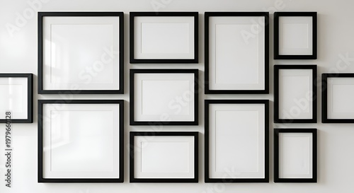 Grid of Twelve Black Picture Frames Mockup on White Wall