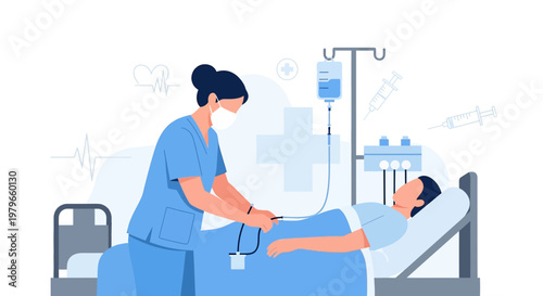 Nurse Administering IV Drip to Patient in Hospital Bed, Medical Care Illustration